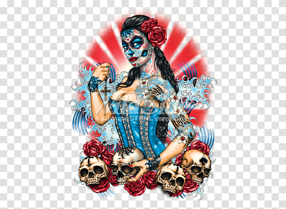 Day Of The Dead Pinup With Skulls And Roses Day Of The Dead Pinup, Poster, Advertisement, Person, Collage Transparent Png