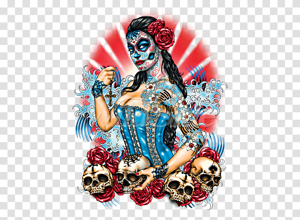 Day Of The Dead Pinup With Skulls And Roses The Wild Side, Poster, Advertisement, Collage, Person Transparent Png