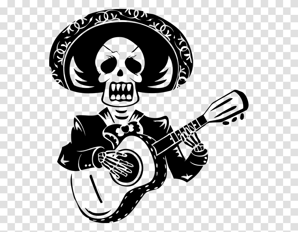 Day Of The Dead Skeleton Guitar Sombrero Skeleton Skeleton With Guitar Tattoo, Gray, World Of Warcraft Transparent Png