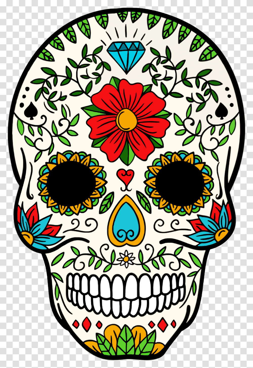 Day Of The Dead Skeleton Skull Clipart Download Day Of The Dead Skull Artwork, Doodle, Drawing, Floral Design Transparent Png