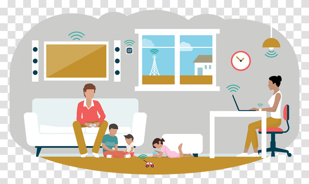 Decorative Banner Of A Family Using Devices, Person, Advertisement, People, Poster Transparent Png