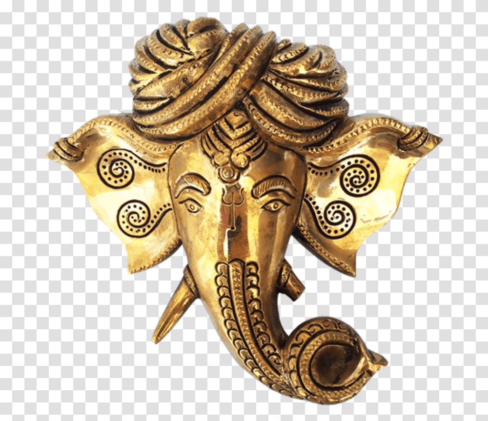 Decorative Lord Ganesha Face Wall Hanging Brass Statue, Bronze, Cross, Gold Transparent Png