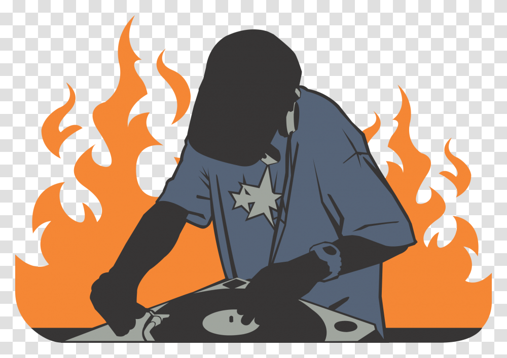 Deejay Fire Orange Record Burning Tshirt Hip Hip Hop Dj Rap, Person, Human, Flame, Kneeling Transparent Png