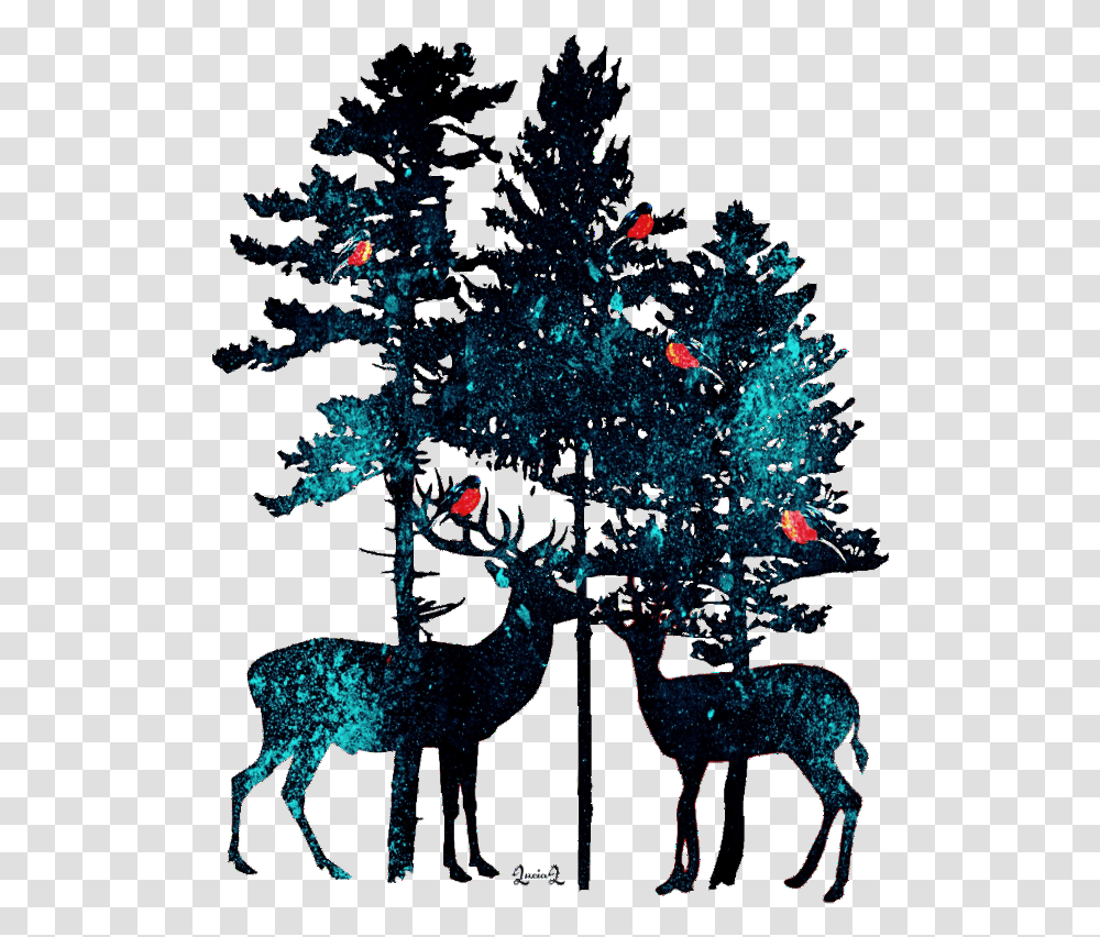 Deer Winter Pines Jack Pine Tree Silhouette Clipart Tall Tree Silhouette, Ornament, Pattern, Plant, Fractal Transparent Png