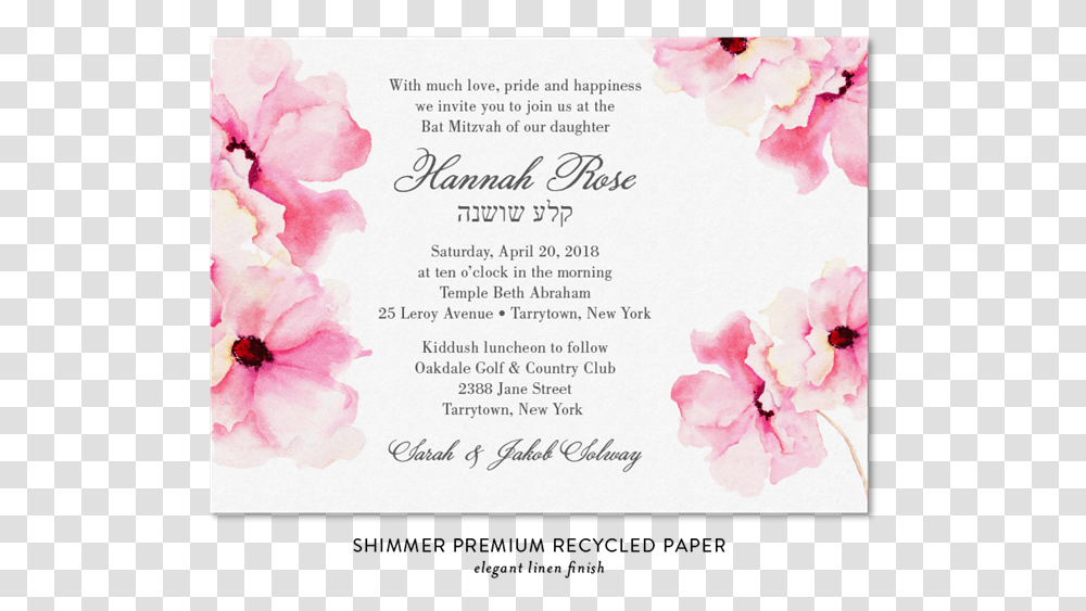 Delicate Roses Bat Mitzvah Invitations Premium Colorful Pink Flowers, Text, Plant, Petal, Paper Transparent Png