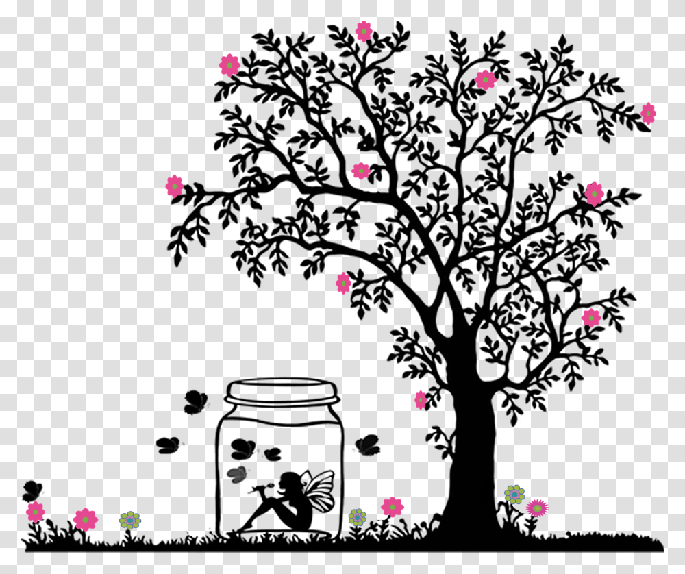 Design Jar Tree Drawing Animation Girl In Tree Silhouette, Confetti, Paper, Bubble, Lighting Transparent Png