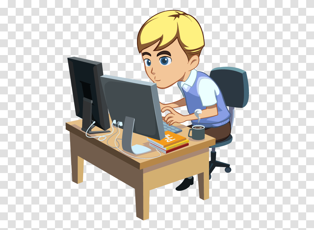 Designer Clipart Programmer Cartoon, Person, Desk, Table, Furniture Transparent Png