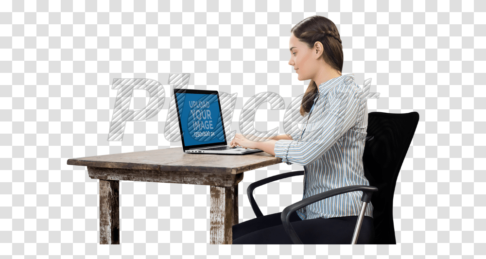 Desk And Woman Person Sitting At Desk, Female, Laptop, Pc, Computer Transparent Png