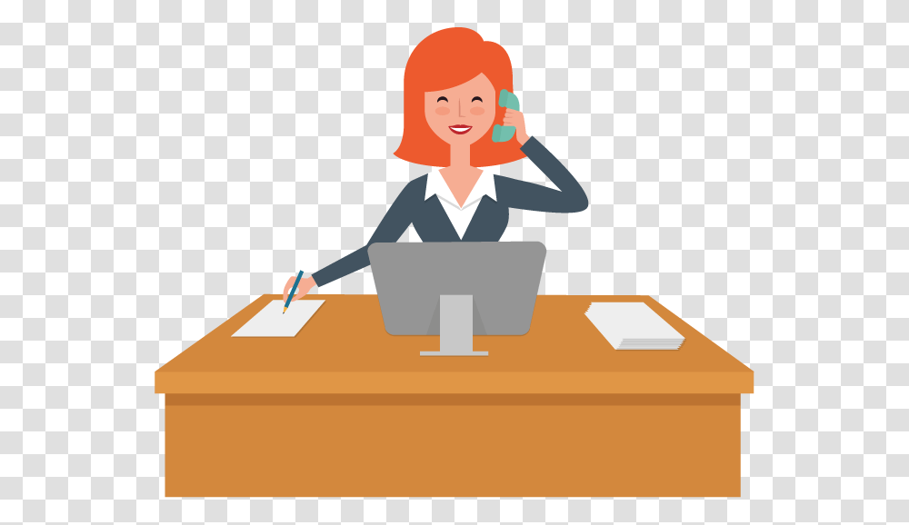 Desk Clipart Receptionist Productive And Responsible, Person, Table, Furniture Transparent Png