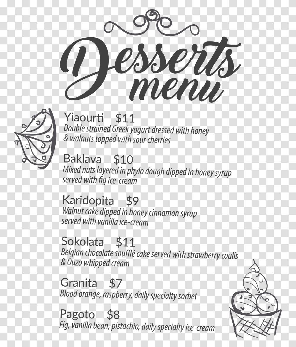 Dessert Menu Black And White, Poster, Advertisement, Flyer Transparent Png