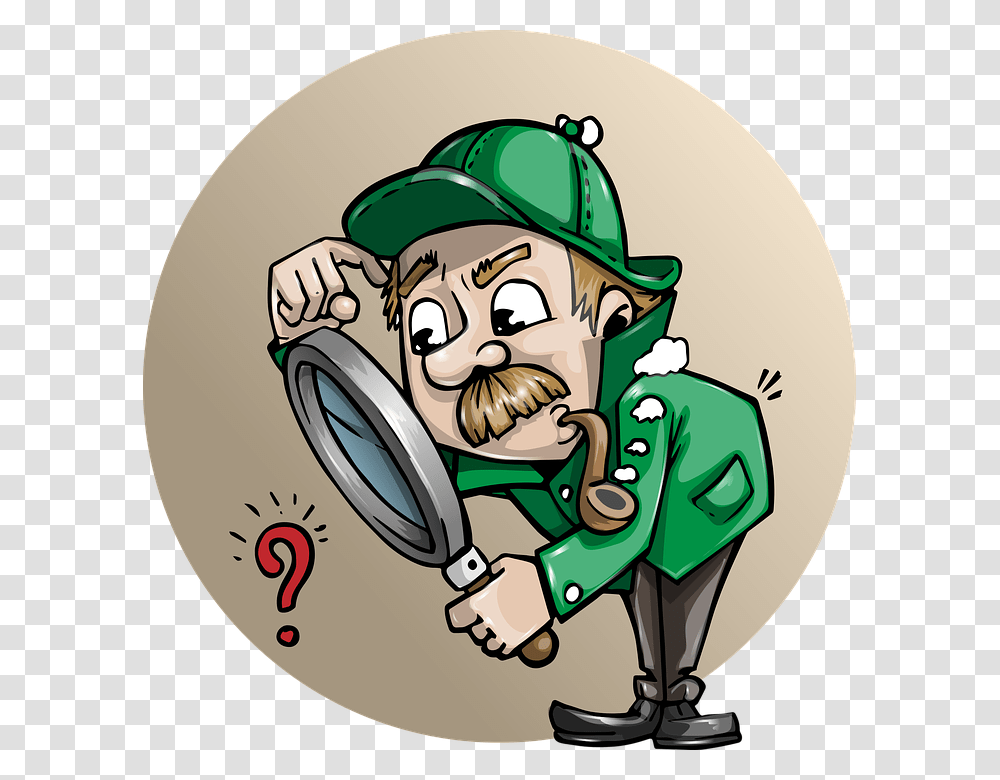 Detective Searching Man Search Magnifying Cartoon Man With Magnifying Glass, Helmet, Apparel, Performer Transparent Png