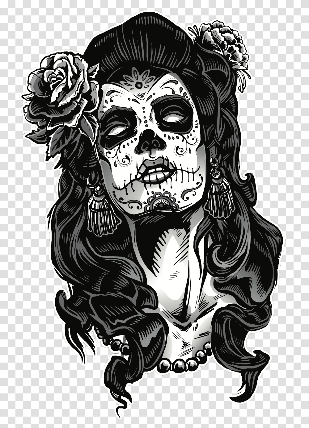 Dia De Los Muertos Black And White, Face, Drawing Transparent Png