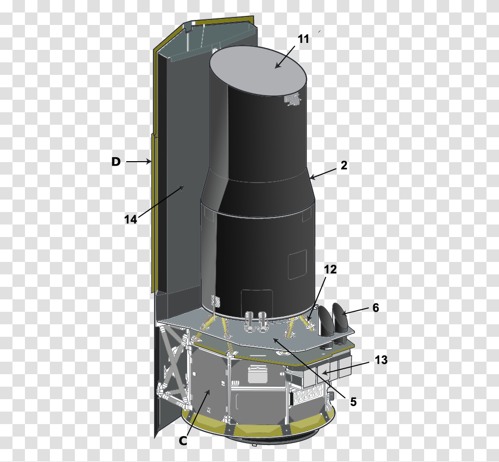 Diagram Space Telescope Spitzer Spitzer Space Telescope Diagram, Cylinder, Transportation, Vehicle, Rocket Transparent Png