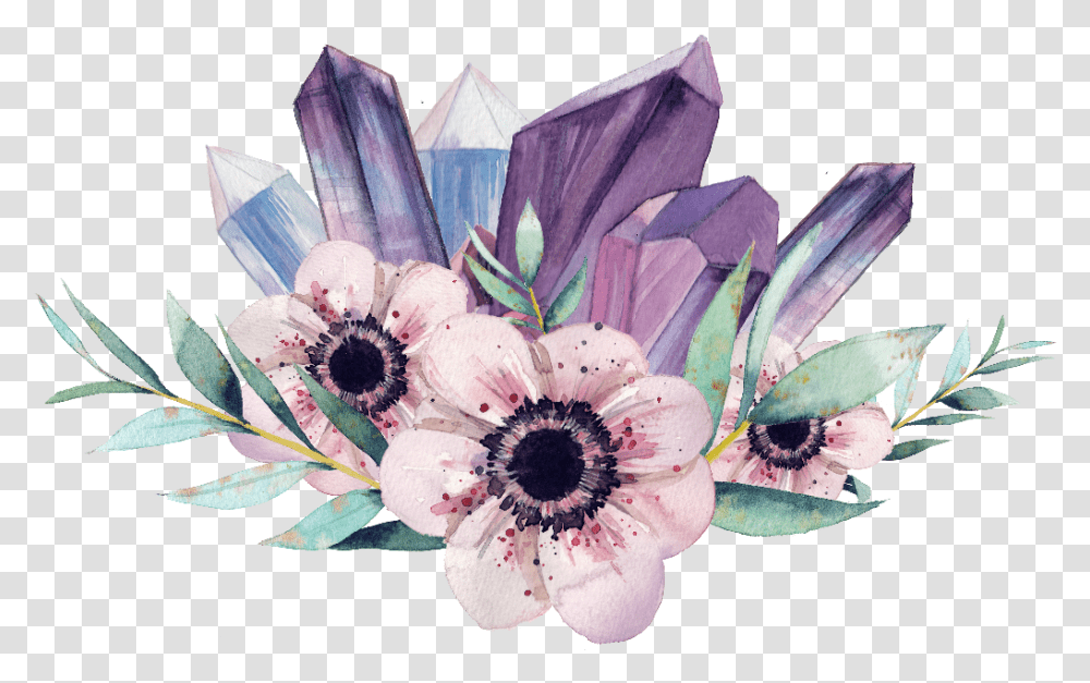 Diamond Gemstone Watercolor Crystal Flower Painting Watercolor Flowers And Crystals, Plant, Blossom, Anemone, Accessories Transparent Png