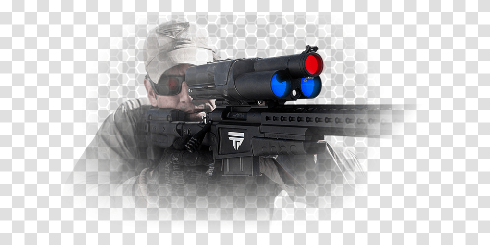Digital Optics And Tracking Technologies Enhance This Airsoft Gun, Person, Weapon, Sunglasses, Helmet Transparent Png