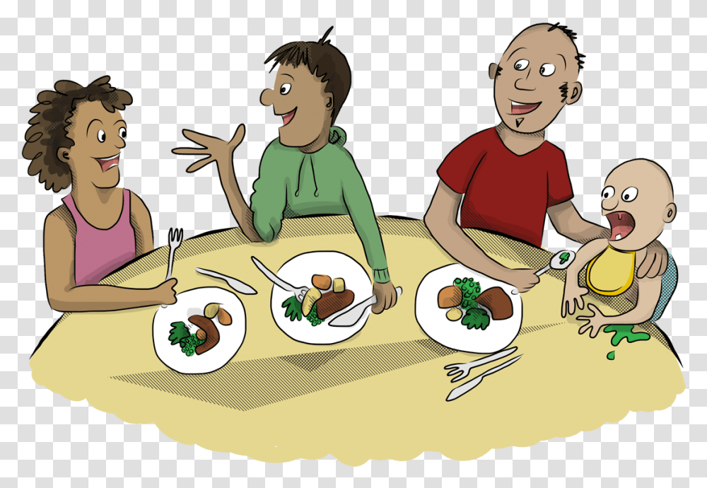 Dinner Table Talking To Family Cartoon, Person, Lunch, Meal, Food Transparent Png
