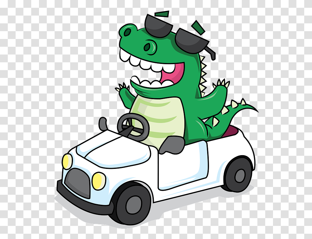 Dino Car Cartoon Cute Funny Cartoon Car Crocodile, Vehicle, Transportation, Golf Cart, Lawn Mower Transparent Png