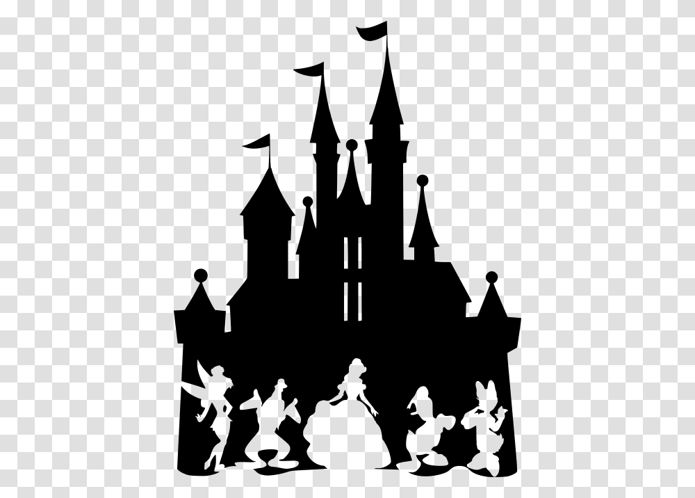 Disney Castle With Donald Daisy Tinkerbell Goofy Belle Silhouette Walt Disney Castle, Gray, World Of Warcraft Transparent Png