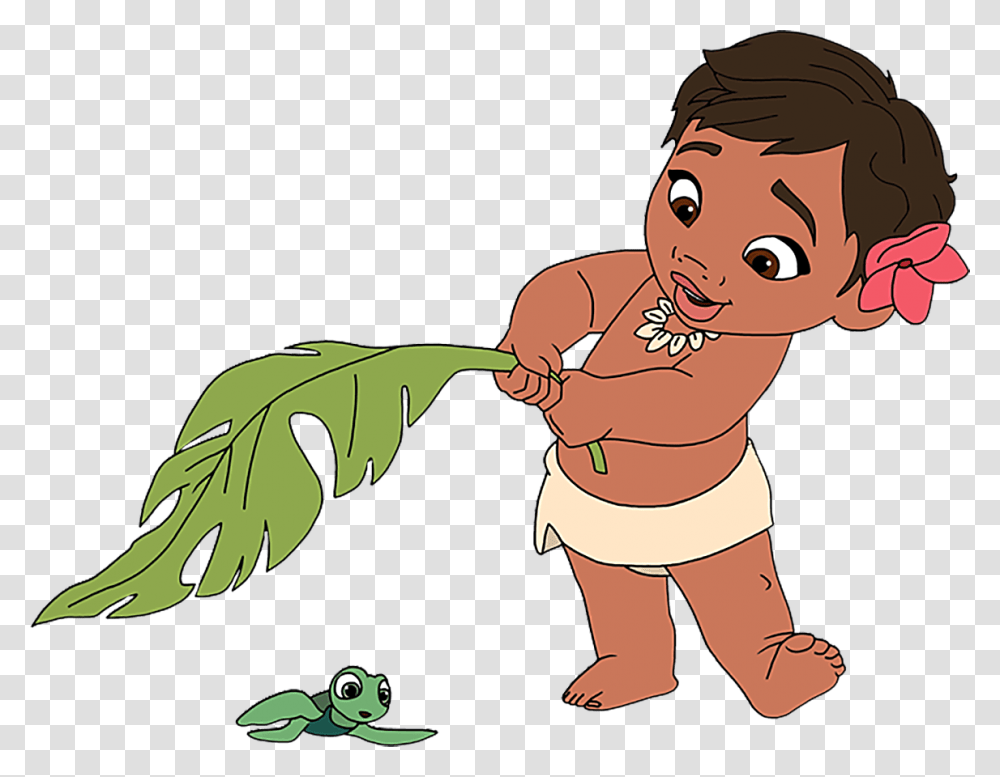 Disney Moana Cartoon Baby Moana With Turtle, Person, Human, Leaf, Plant Transparent Png