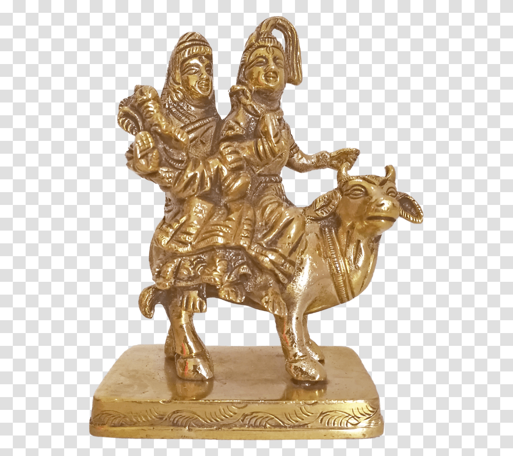 Divine Lord Shiva Parvathi And Ganesha Sitting On Cow Statue, Bronze, Figurine, Gold, Sculpture Transparent Png