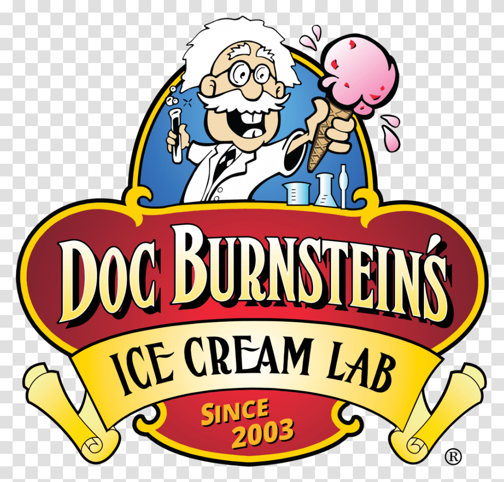 Doc Burnstein S Logo Doc Burnsteins Ice Cream Lab, Label, Crowd, Leisure Activities Transparent Png