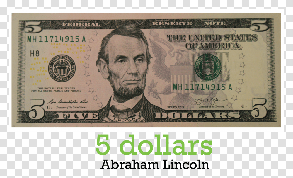 Dollar Five Dollar Bill, Money, Person, Human, Poster Transparent Png