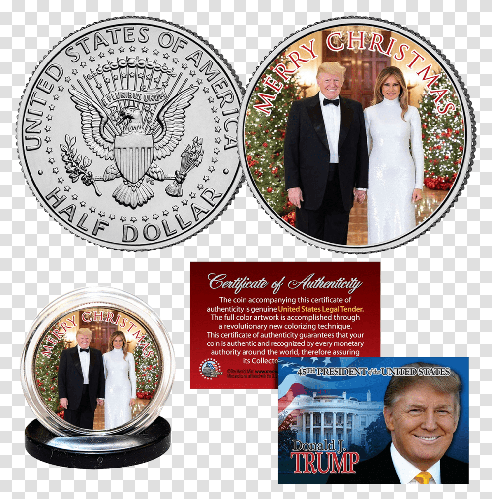 Donald Melania Trump 2019 Christmas Trump And Reagan Coins, Person, Money, Advertisement, Poster Transparent Png