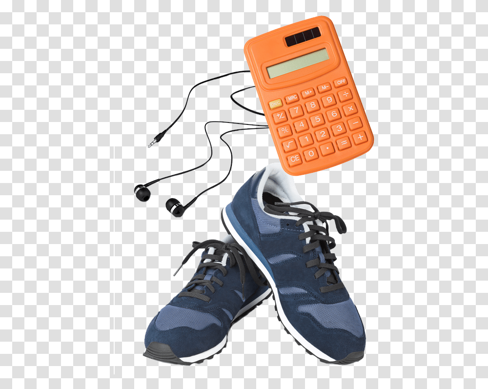 Donation Supplies Of Earphones Calculator And Shoes Sneakers, Footwear, Apparel, Electronics Transparent Png