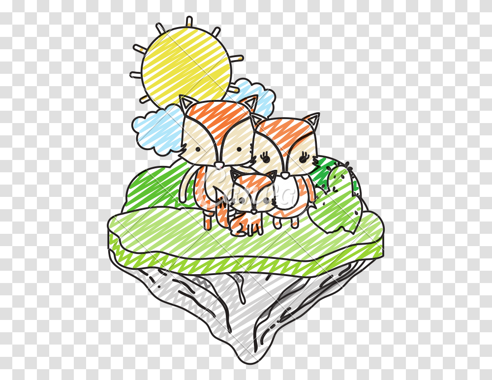 Doodle Family Fox Animal In The Float Island, Birthday Cake, Dessert, Food Transparent Png
