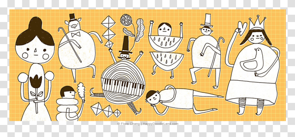 Doodle People On Yellow Grid Flora Chang, Label, Poster, Advertisement Transparent Png