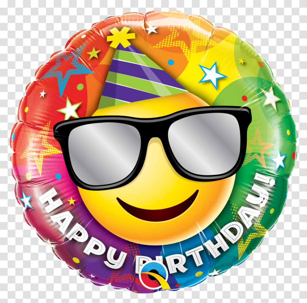 Download 18 Happy Birthday Smiley Face Emoticon Foil Happy Birthday Smiley Emoji, Sunglasses, Accessories, Accessory, Helmet Transparent Png