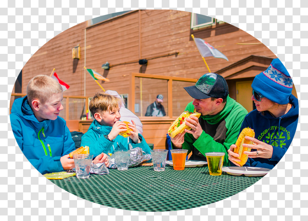 Download 4 People Eating Out Fun, Person, Hat, Clothing, Beverage Transparent Png