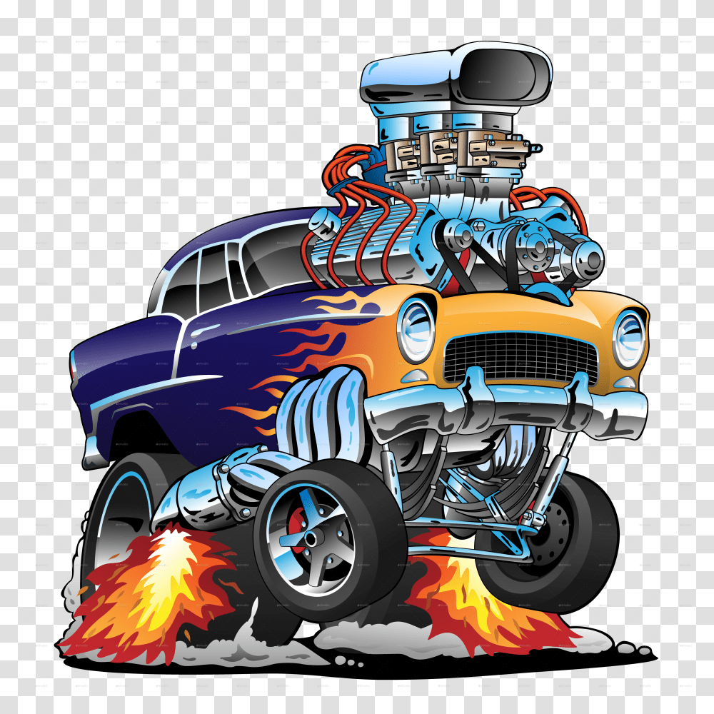 Download 55 Funny Car V4 Muscle Car Full Size Image Cartoon Hot Rod Car, Vehicle, Transportation, Tire, Graphics Transparent Png