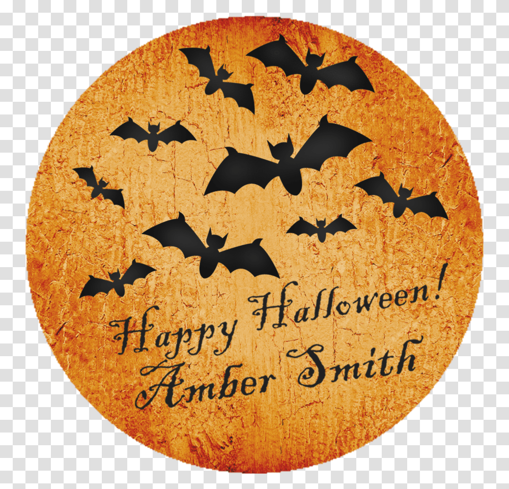 Download Bat Moon Happy Halloween Stickers Or Favor Tags Spice And Tea Exchange, Symbol, Rug, Text, Batman Logo Transparent Png