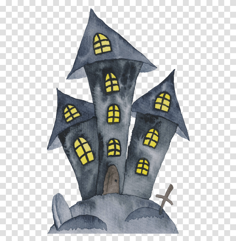 Download Black Hand Painted Haunted House Halloween Halloween Watercolor Clipart, Clothing, Apparel, Architecture, Building Transparent Png