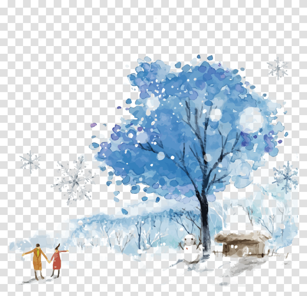 Download Blue Winter Sky Snow Watercolor Paint Hq Image Painted Tree, Nature, Outdoors, Ice, Person Transparent Png