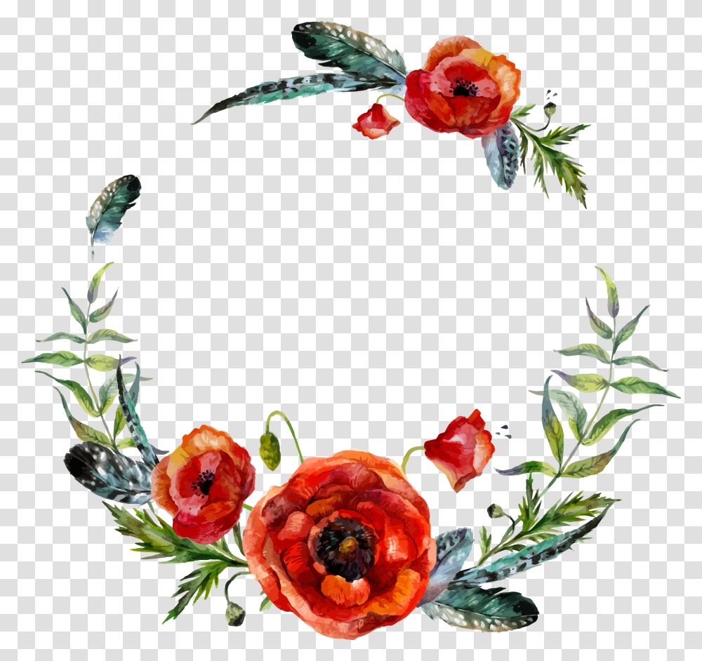 Download Boho Vector Watercolor Bohemian Flower Clip Art Watercolor Poppy Wreath, Plant, Blossom, Rose, Pattern Transparent Png