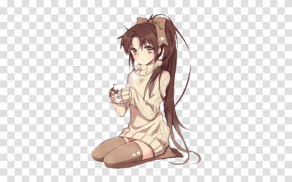 Download Brown Hair Girl Ponytail Anime Girl With Long Anime Girl Long Brown Hair, Comics, Book, Manga, Person Transparent Png