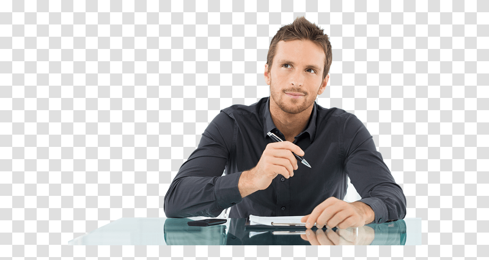 Download Businessman Thinking Writing People Full Person Thinking While Writing, Sitting, Table, Furniture, Photography Transparent Png