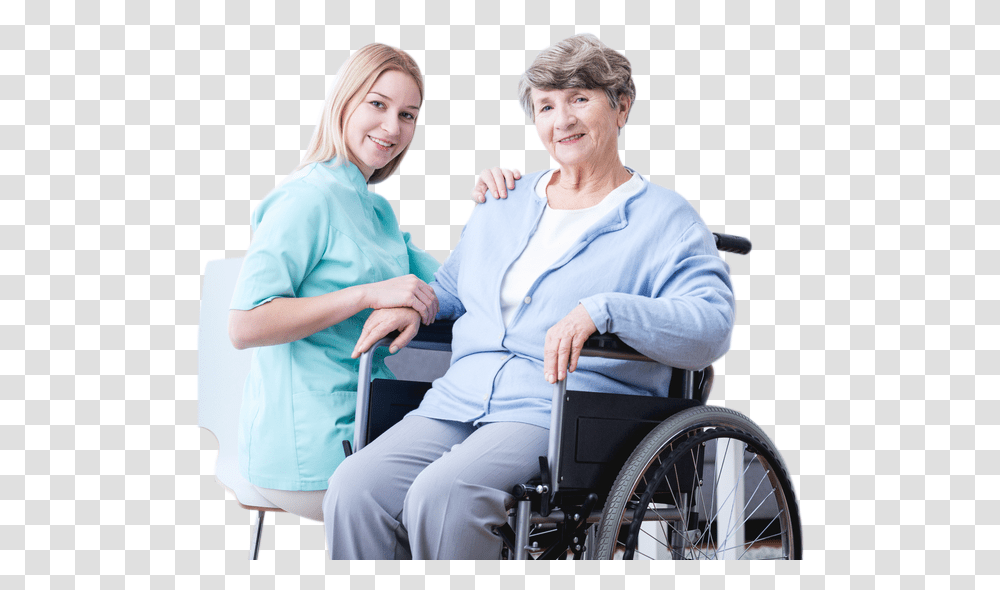 Download Care Of Older People Caregiver Image With No Old Age, Chair, Furniture, Person, Wheel Transparent Png