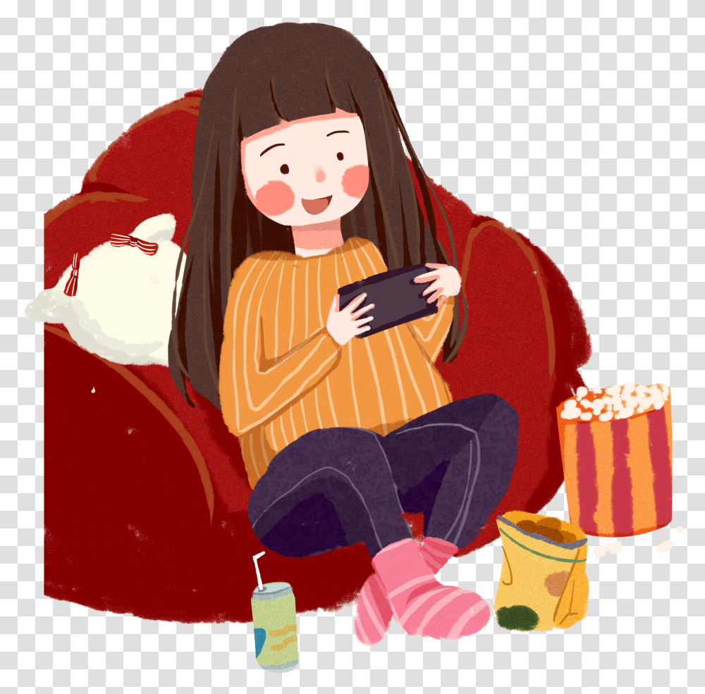 Download Cartoon Illustration Fat House Life Girl And Girl With Phone Cartoon, Food, Person, Human, Popcorn Transparent Png