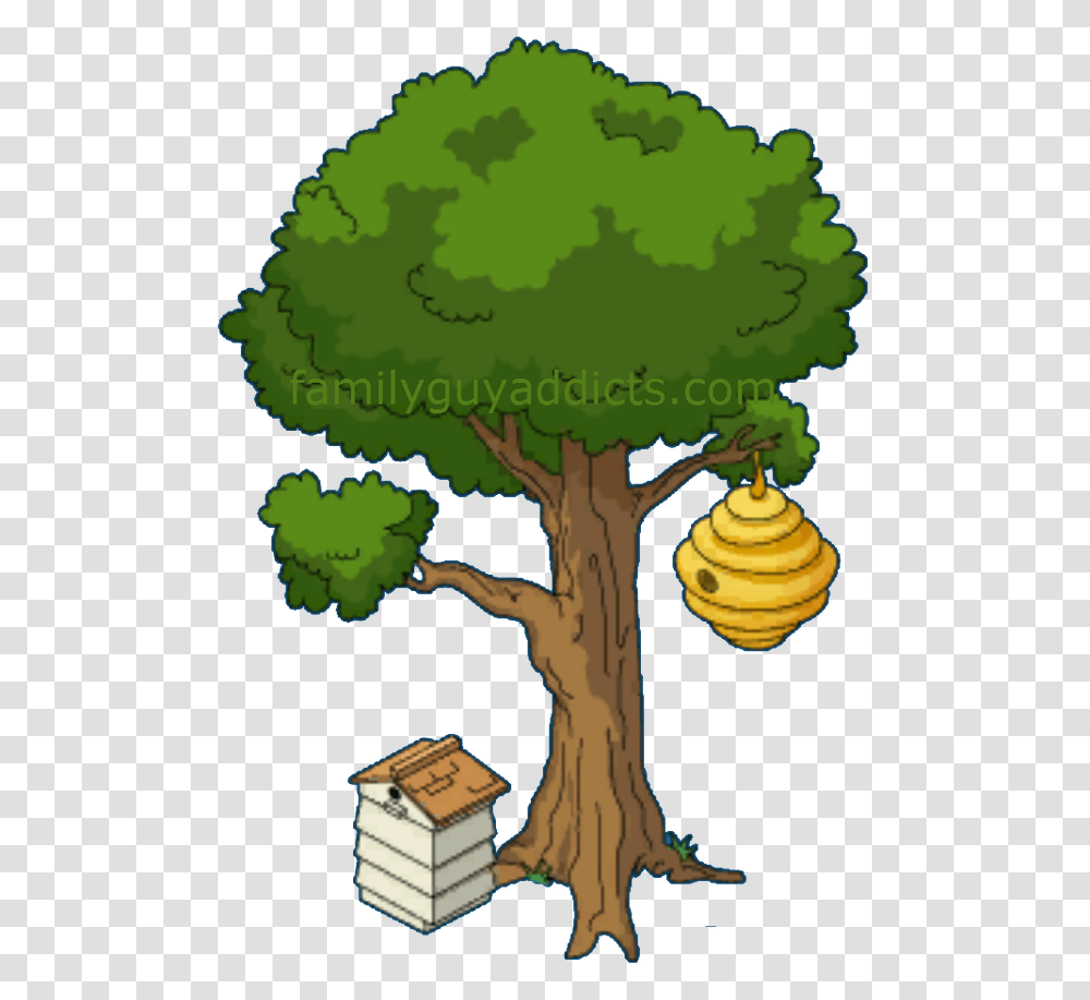 Download Cartoon Tree With Beehive Bee Hive In Tree Clipart, Plant, Tree Trunk, Conifer, Vegetation Transparent Png