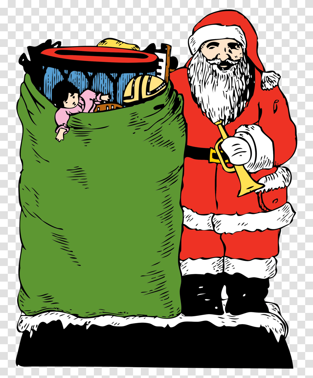 Download Christmas Vintage Santa With Toy Bag Card Clipart Santa, Person, Tin, Can, Pillow Transparent Png