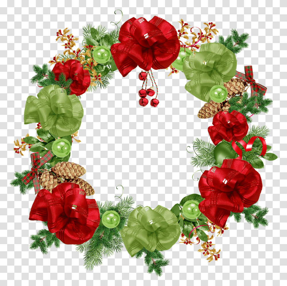 Download Crown Christmas Foliage Green Red Bowls Postcards Merry Christmas And Happy New Year, Plant, Flower, Blossom, Wreath Transparent Png