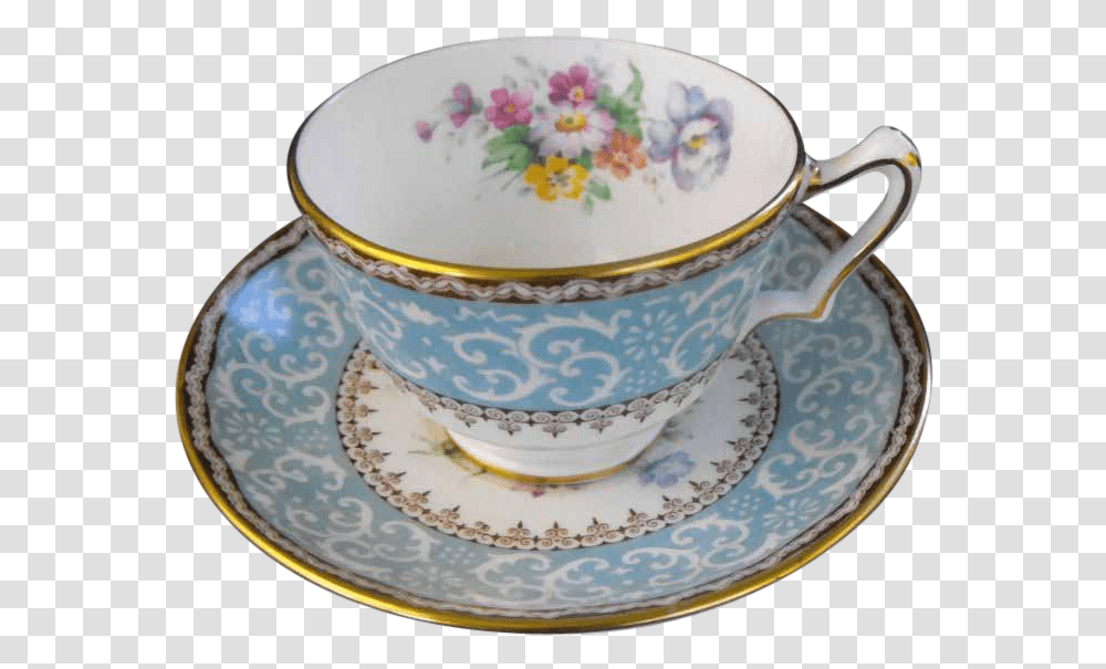 Download Crown Staffordshire Tea Cup With Saucer Rubylane Saucer, Pottery, Birthday Cake, Dessert, Food Transparent Png