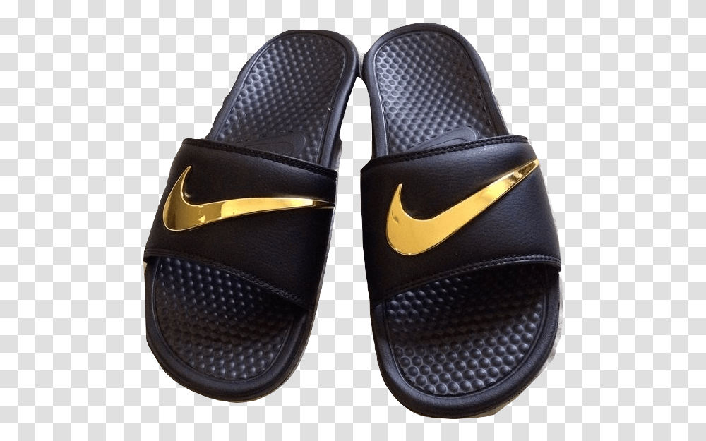 Download Custom Black Nike Sandals With Gold Swoosh Nike Slippers Hd, Clothing, Apparel, Footwear, Shoe Transparent Png