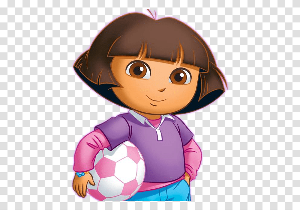 Download Dora Holding Soccer Ball Dora La Exploradora Cara Dora The Explorer Football, Team Sport, Person, People, Helmet Transparent Png