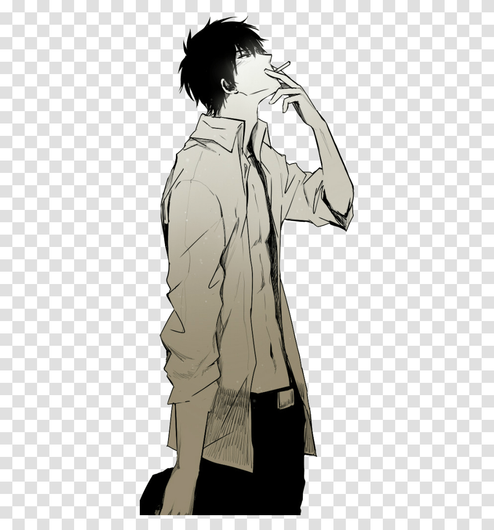 Download Drawn Smoking Background Anime Guy Anime Boy Smoking Cigarette, Clothing, Person, Coat, Sleeve Transparent Png