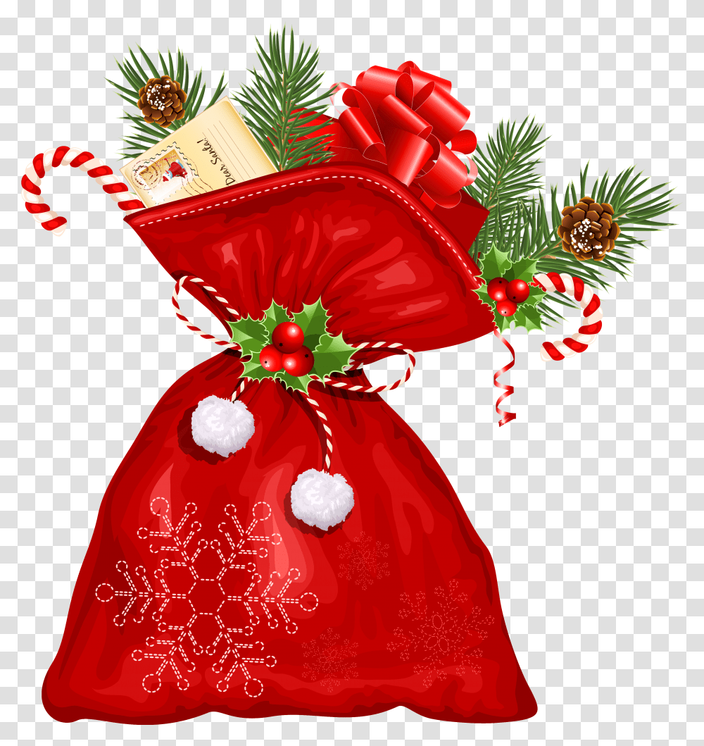 Download Free Cane Claus Candy Decoration Flower Santa Santa Claus Sack, Ornament, Bag, Clothing, Apparel Transparent Png