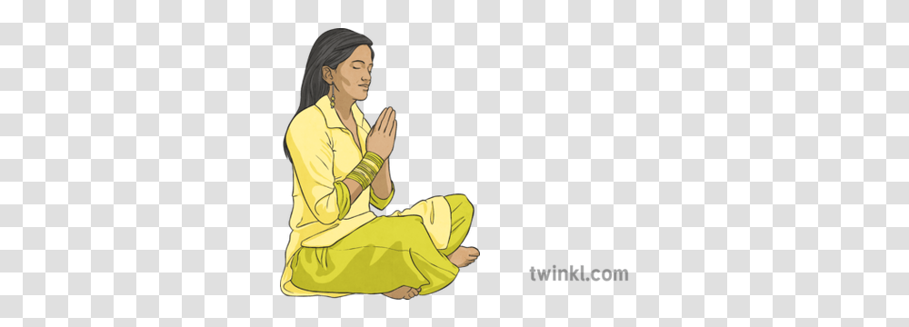 Download Free Hindu Woman Praying Illustration Twinkl Hindu People Praying Vector, Person, Human, Sitting, Worship Transparent Png